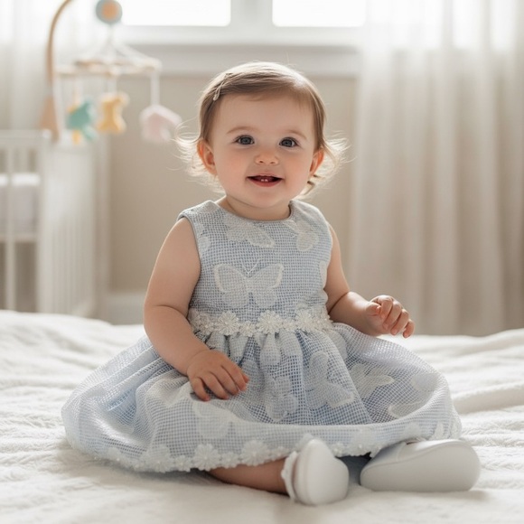 🍭Toddler occasion dress. Elegant Butterfly overlay with light blue lining 2T - Picture 1 of 10